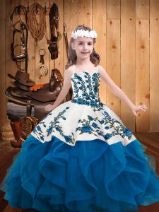 Blue Organza Lace Up Straps Sleeveless Floor Length Girls Pageant Dresses Embroidery and Ruffles