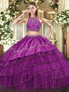 Admirable Floor Length Purple Quince Ball Gowns High-neck Sleeveless Zipper