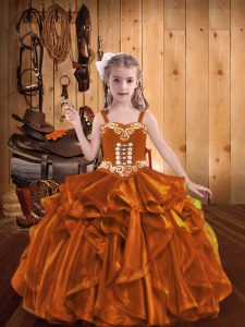 Straps Sleeveless Pageant Gowns For Girls Floor Length Embroidery and Ruffles Orange Organza