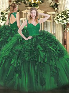 Traditional Dark Green Organza Backless V-neck Sleeveless Floor Length Quinceanera Gowns Beading and Lace and Ruffles
