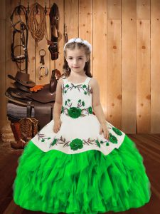 Green Sleeveless Floor Length Embroidery and Ruffles Lace Up Pageant Dresses