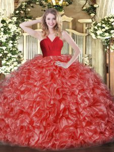 Ball Gowns 15 Quinceanera Dress Red V-neck Organza Sleeveless Floor Length Zipper