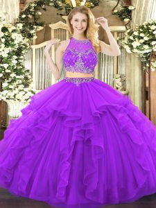 Scoop Sleeveless Zipper Quinceanera Gowns Purple Tulle