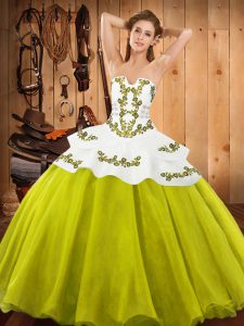 Comfortable Floor Length Lace Up Quinceanera Gowns Yellow Green for Military Ball and Sweet 16 and Quinceanera with Embroidery