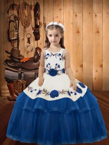 Unique Blue Ball Gowns Organza Straps Sleeveless Embroidery and Ruffled Layers Floor Length Lace Up Pageant Dress for Girls