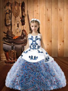 Multi-color Fabric With Rolling Flowers Lace Up Straps Sleeveless Floor Length Little Girl Pageant Dress Embroidery