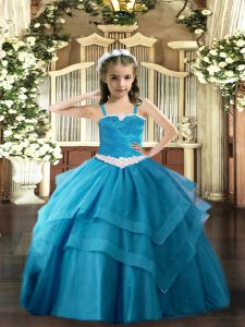 Fashionable Baby Blue Lace Up Pageant Dress for Girls Appliques and Ruffled Layers Sleeveless Floor Length
