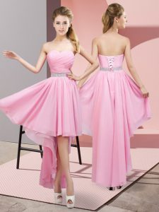 Pink A-line Sweetheart Sleeveless Chiffon High Low Lace Up Beading Court Dresses for Sweet 16
