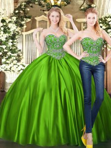 Dynamic Sleeveless Tulle Floor Length Lace Up Quince Ball Gowns in Green with Beading
