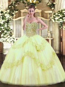 Lovely Yellow Green Tulle Lace Up Sweetheart Sleeveless Floor Length Quinceanera Dress Beading and Appliques