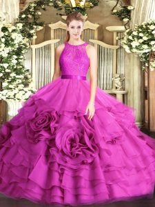 Excellent Fabric With Rolling Flowers Scoop Sleeveless Zipper Lace 15th Birthday Dress in Fuchsia