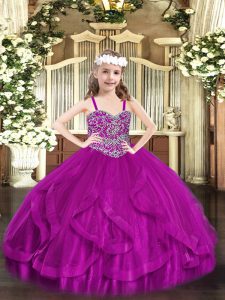 Fuchsia Little Girls Pageant Dress Wholesale Party and Quinceanera with Beading and Ruffles Straps Sleeveless Lace Up