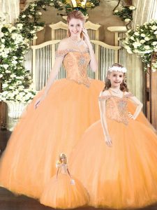 Pretty Floor Length Orange Sweet 16 Dress Tulle Sleeveless Beading