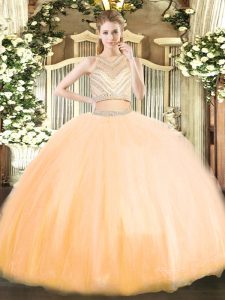 Inexpensive Gold Two Pieces Beading Quinceanera Dresses Zipper Tulle Sleeveless Floor Length