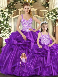 Modest Sleeveless Organza Floor Length Lace Up Quinceanera Dress in Purple with Beading and Ruffles