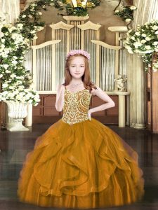 Spaghetti Straps Sleeveless Tulle Little Girls Pageant Gowns Beading and Ruffles Lace Up
