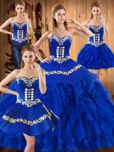 Custom Designed Sweetheart Sleeveless 15th Birthday Dress Floor Length Embroidery and Ruffles Blue Satin and Organza
