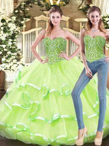 Sumptuous Yellow Green Two Pieces Organza Sweetheart Sleeveless Beading and Ruffled Layers Floor Length Lace Up Quinceanera Dress