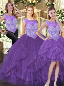 Stylish Purple Zipper Vestidos de Quinceanera Beading and Ruffles Sleeveless Floor Length