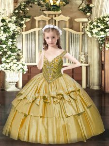 Unique Gold Ball Gowns Beading and Ruffled Layers Little Girls Pageant Dress Wholesale Lace Up Organza Sleeveless Floor Length
