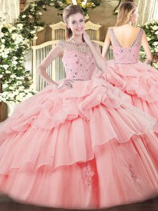Baby Pink Tulle Zipper Bateau Sleeveless Floor Length 15 Quinceanera Dress Beading and Ruffles and Pick Ups