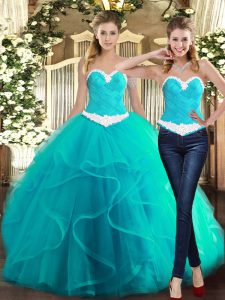 Fine Sleeveless Tulle Floor Length Lace Up Sweet 16 Dresses in Turquoise with Ruffles