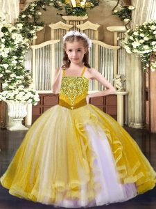 Gold Lace Up Little Girl Pageant Gowns Beading Sleeveless Floor Length