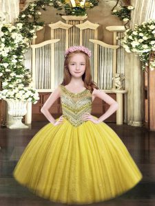 Unique Gold Tulle Lace Up Kids Formal Wear Sleeveless Floor Length Beading