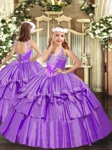Lavender Lace Up V-neck Beading and Ruffled Layers Pageant Dress Womens Organza Sleeveless