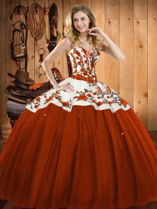 Floor Length Lace Up Quinceanera Gown Rust Red for Military Ball and Sweet 16 and Quinceanera with Embroidery