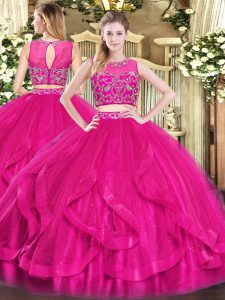 On Sale Hot Pink Two Pieces Tulle Scoop Sleeveless Beading and Ruffles Floor Length Zipper Sweet 16 Dresses
