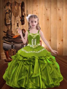 Superior Embroidery and Ruffles Child Pageant Dress Olive Green Lace Up Sleeveless Floor Length