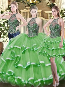 Green Lace Up 15th Birthday Dress Beading and Ruffled Layers Sleeveless Floor Length