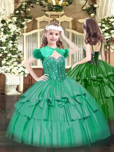 Sweet Turquoise Ball Gowns Straps Sleeveless Organza Floor Length Lace Up Beading and Ruffled Layers High School Pageant Dress