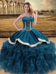 Great Sweetheart Sleeveless Ball Gown Prom Dress Floor Length Beading and Ruffles Teal Organza