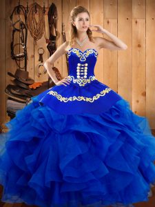 Royal Blue Ball Gowns Sweetheart Sleeveless Satin and Organza Floor Length Lace Up Embroidery and Ruffles Quince Ball Gowns