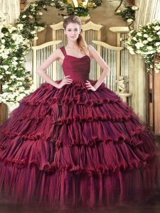 Comfortable Burgundy Ball Gowns Straps Sleeveless Organza Floor Length Zipper Ruffled Layers Quinceanera Gown