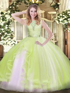 Floor Length Yellow Green Ball Gown Prom Dress Organza Sleeveless Lace and Ruffles
