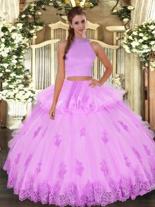 Traditional Floor Length Backless Quinceanera Gowns Lilac for Military Ball and Sweet 16 and Quinceanera with Beading and Appliques and Ruffles