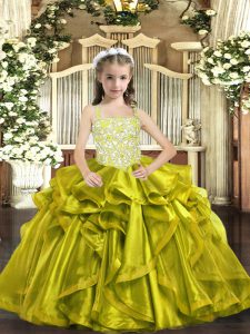 Yellow Green Sleeveless Beading and Ruffles Floor Length Little Girls Pageant Dress