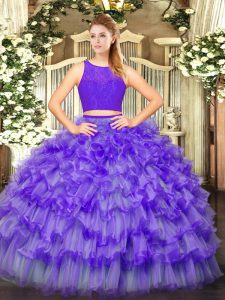 Two Pieces Quince Ball Gowns Eggplant Purple Scoop Tulle Sleeveless Floor Length Zipper