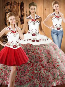 Floor Length Multi-color Quinceanera Dress Fabric With Rolling Flowers Sleeveless Embroidery