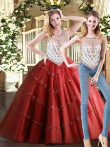 Sleeveless Tulle Floor Length Zipper Quinceanera Gowns in Wine Red with Beading