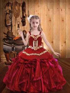 Customized Red Sleeveless Embroidery and Ruffles Little Girl Pageant Dress