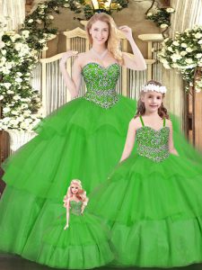 Discount Green Sweetheart Lace Up Beading and Ruffled Layers Quince Ball Gowns Sleeveless
