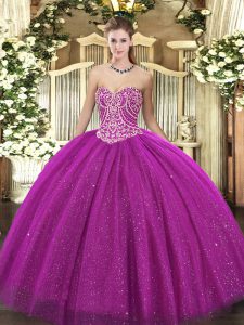 Elegant Fuchsia Ball Gowns Sweetheart Sleeveless Tulle Floor Length Lace Up Beading Quinceanera Dresses