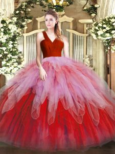 Romantic Multi-color Ball Gowns V-neck Sleeveless Organza Floor Length Zipper Ruffles Vestidos de Quinceanera
