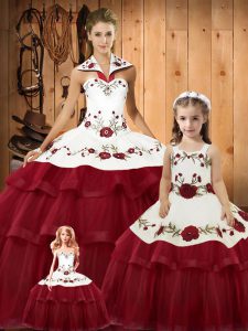 On Sale Wine Red Sleeveless Satin and Organza Brush Train Lace Up Quinceanera Dress for Military Ball and Sweet 16 and Quinceanera