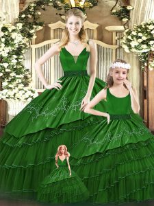 Sleeveless Organza Floor Length Lace Up 15 Quinceanera Dress in Green with Beading and Embroidery and Ruffled Layers