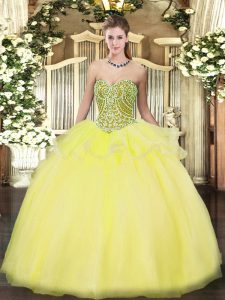 Top Selling Yellow Ball Gowns Beading and Ruffles Quinceanera Gown Lace Up Tulle Sleeveless Floor Length